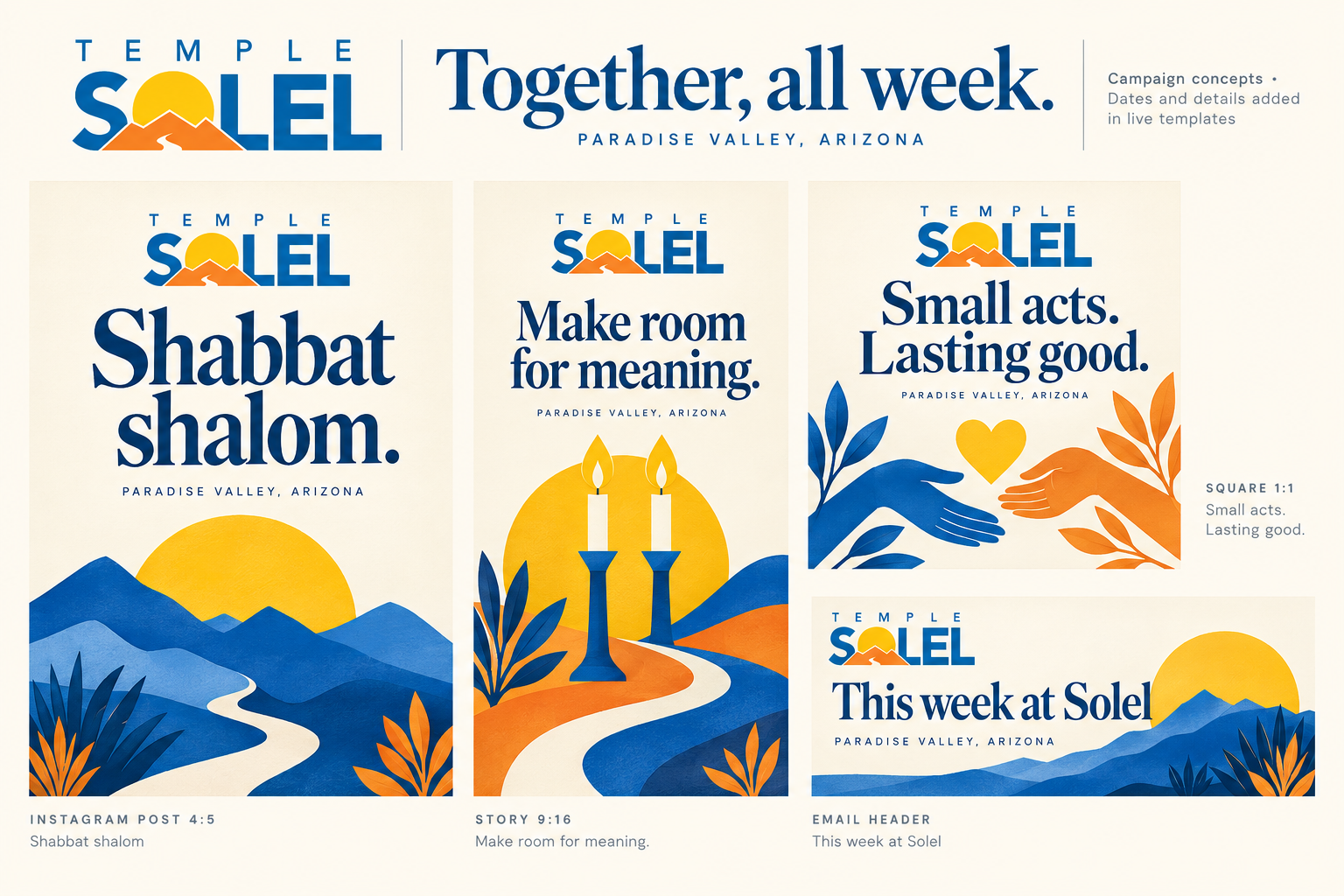 Campaign board with Shabbat, meaning, volunteer and weekly email artwork